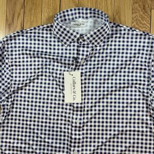NWT Collars and Co Men’s M Dress Collar Polo Button Up Shirt Navy Blue Gingham